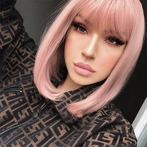 Peruvian Hair Light Pink Color Straight Lace Front Bob Wig With Bangs