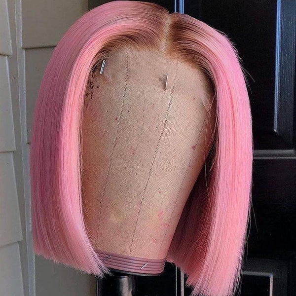 Pink with Brown Root Color Straight Lace Front Bob Wig