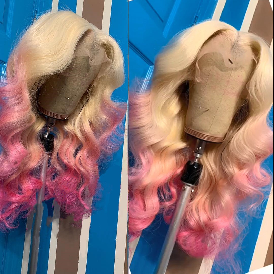 Peruvian Hair Body Wavy Full Lace Wig Blond With Pink Color