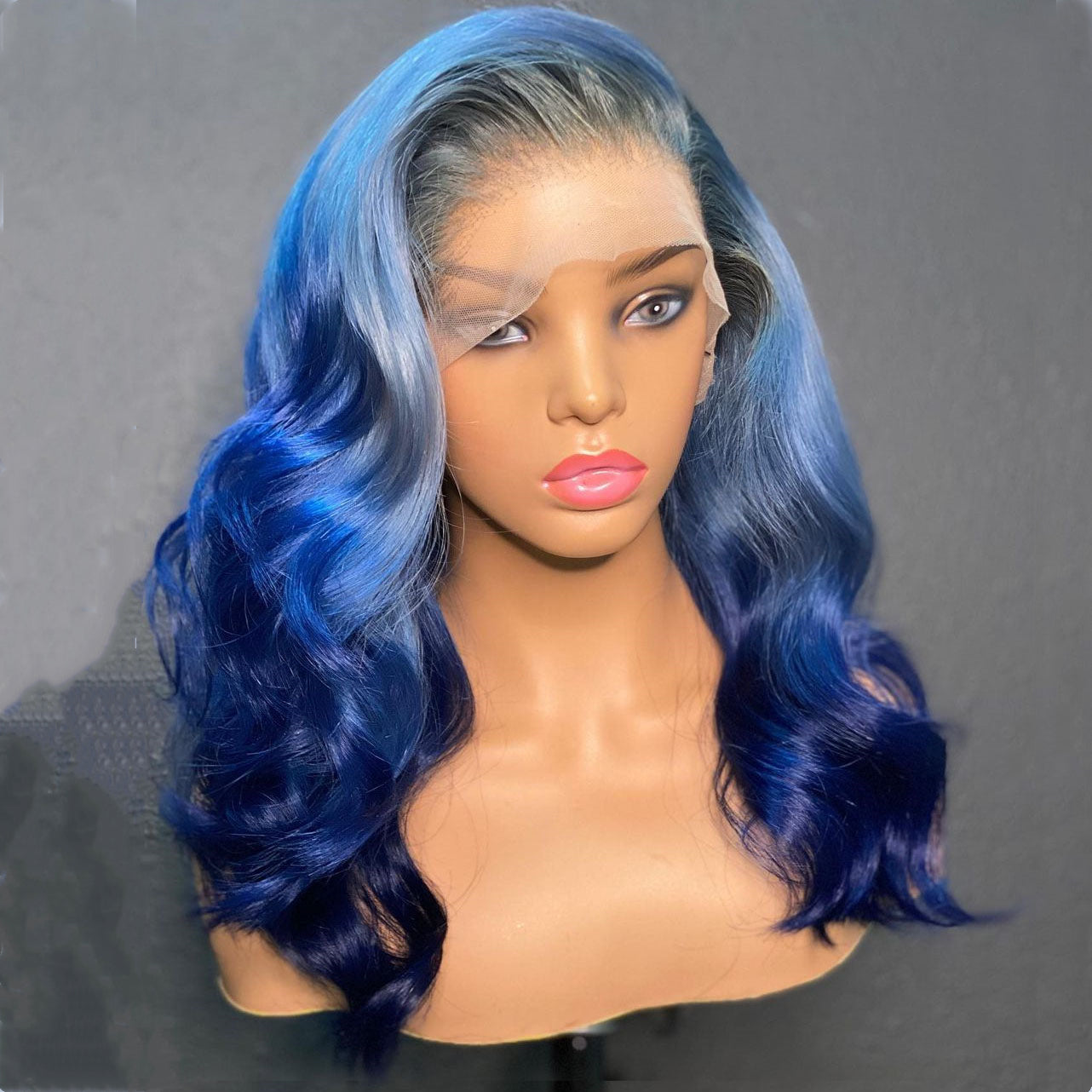 Gradient blue with black root wig