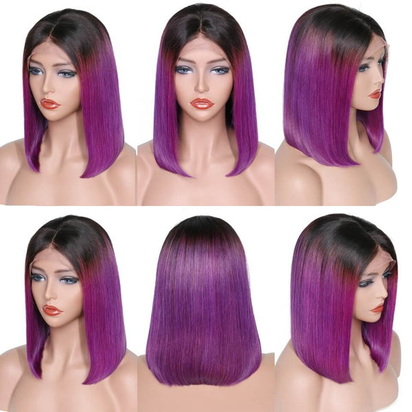 Peruvian 2019 Trends Purple With Black Root Straight Short Lace Front Bob Wig