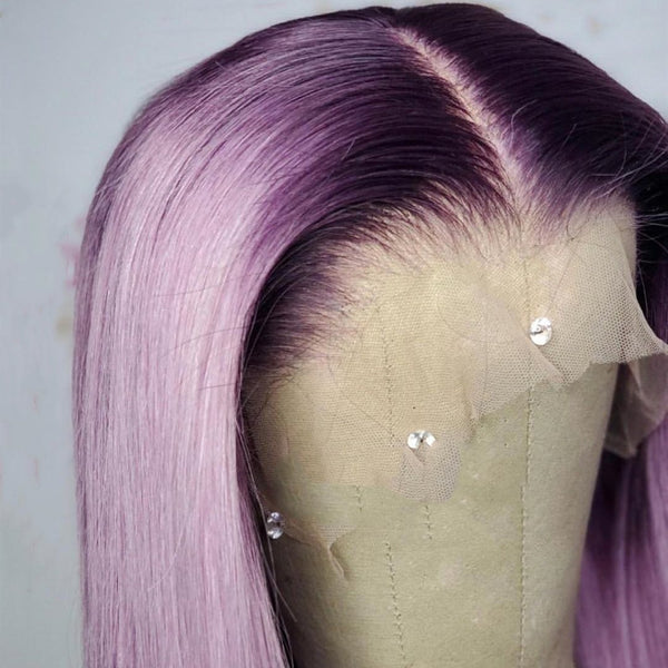 Light Purple Color with Black Root Straight Lace Front Wig natural hairline