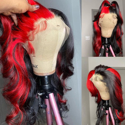 Peruvian Hair Red Mix Black Color Natural Wavy Lace Front Wig