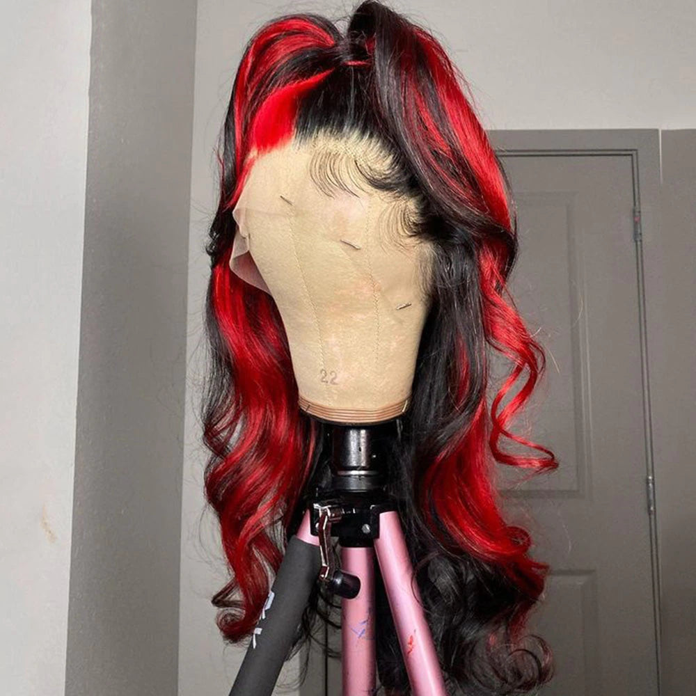 Peruvian Hair Red Mix Black Color Natural Wavy Lace Front Wig Lux