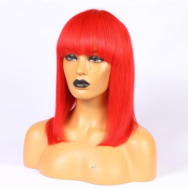 Fashion Cute 100% Human Hair Red Color & Bangs Lace Front Bob Wig