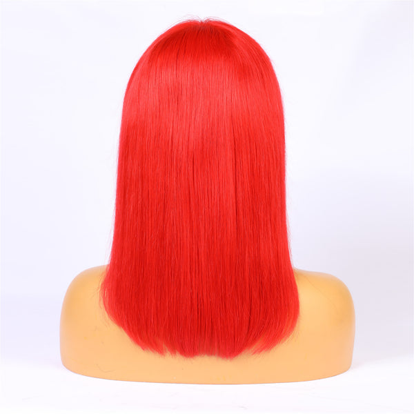 Fashion Cute 100% Human Hair Red Color & Bangs Lace Front Bob Wig