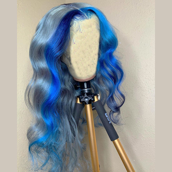 Light Blue with Dark Blue Highlights Pre Plucked Lace Front Wig