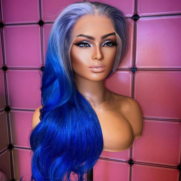 Cute Silver & Blue Gradient Color Body Wave Lace Front Wig