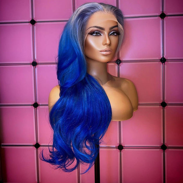 Cute Silver & Blue Gradient Color Body Wave Lace Front Wig