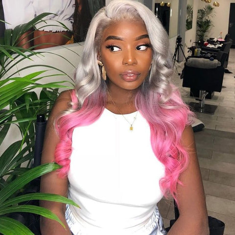 Silver with Pink Color Lace Front Wig