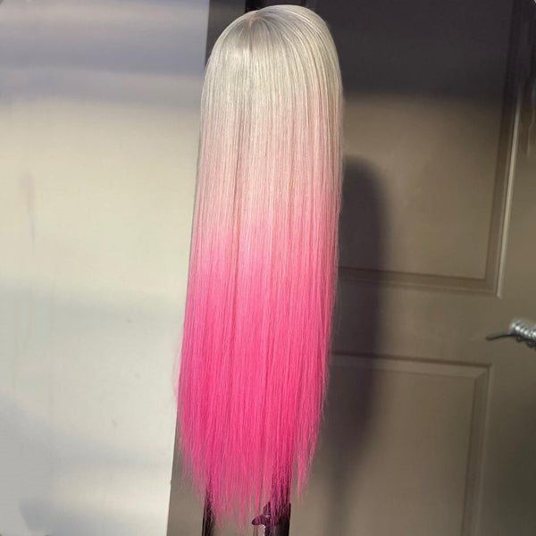 Gradient Color Silver Pink Straight Lace Front Wig