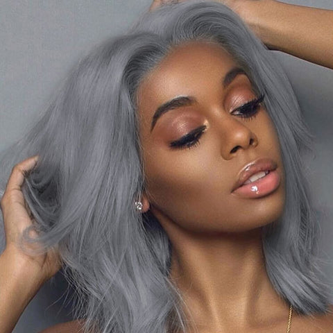 Peruvian Hair Light Grey Color Straight Lace Front Bob Wig