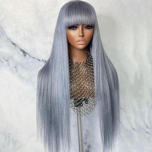 Silver Color 100% Peruvian Human Hair Straight & Bangs Long Lace Front Wig