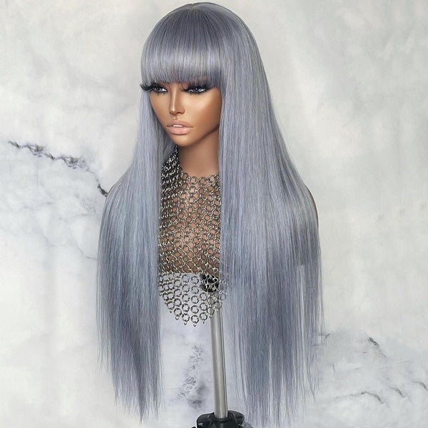Silver Color 100% Peruvian Human Hair Straight & Bangs Long Lace Front Wig