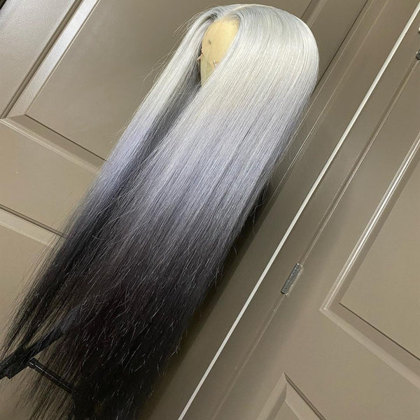 Peruvian Hair Gradient Color Silver Black Straight Lace Front Wig