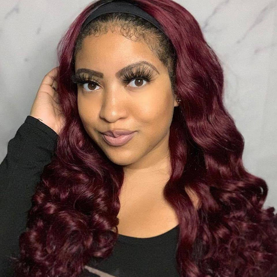 Burgundy with Black Root Color Body Wavy Headband Wig