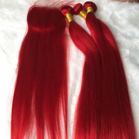 Peruvian hair - Three hair weft with one Closure - Straight Red