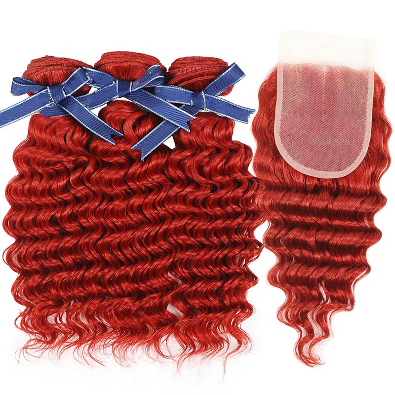 Peruvian hair - Three hair weft with one Closure - Curly Red