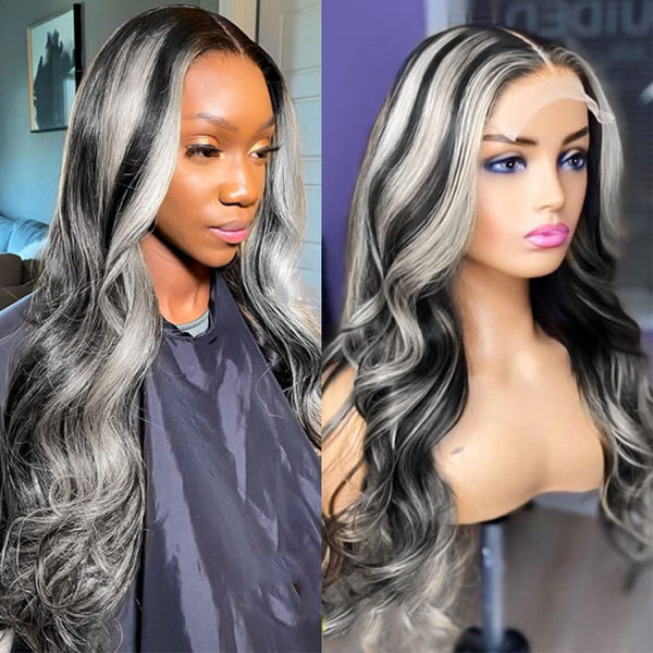 Black & White Ombre Color Human Hair Lace Front Wig 150% Density