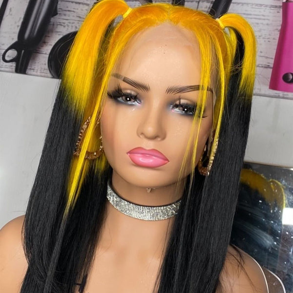 Yellow Black Straight Lace Front Wig