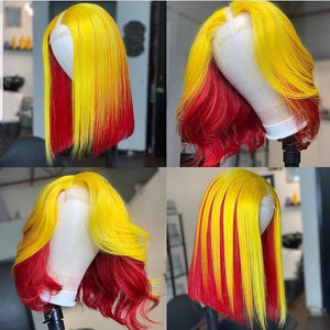 Gradient Yellow with Red Lace Front Bob Wig