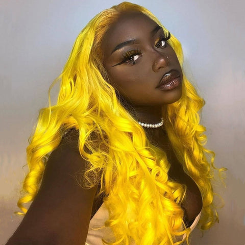 Fashion Long Yellow Color Loose Wavy 100% Human Hair Lace Front Wig